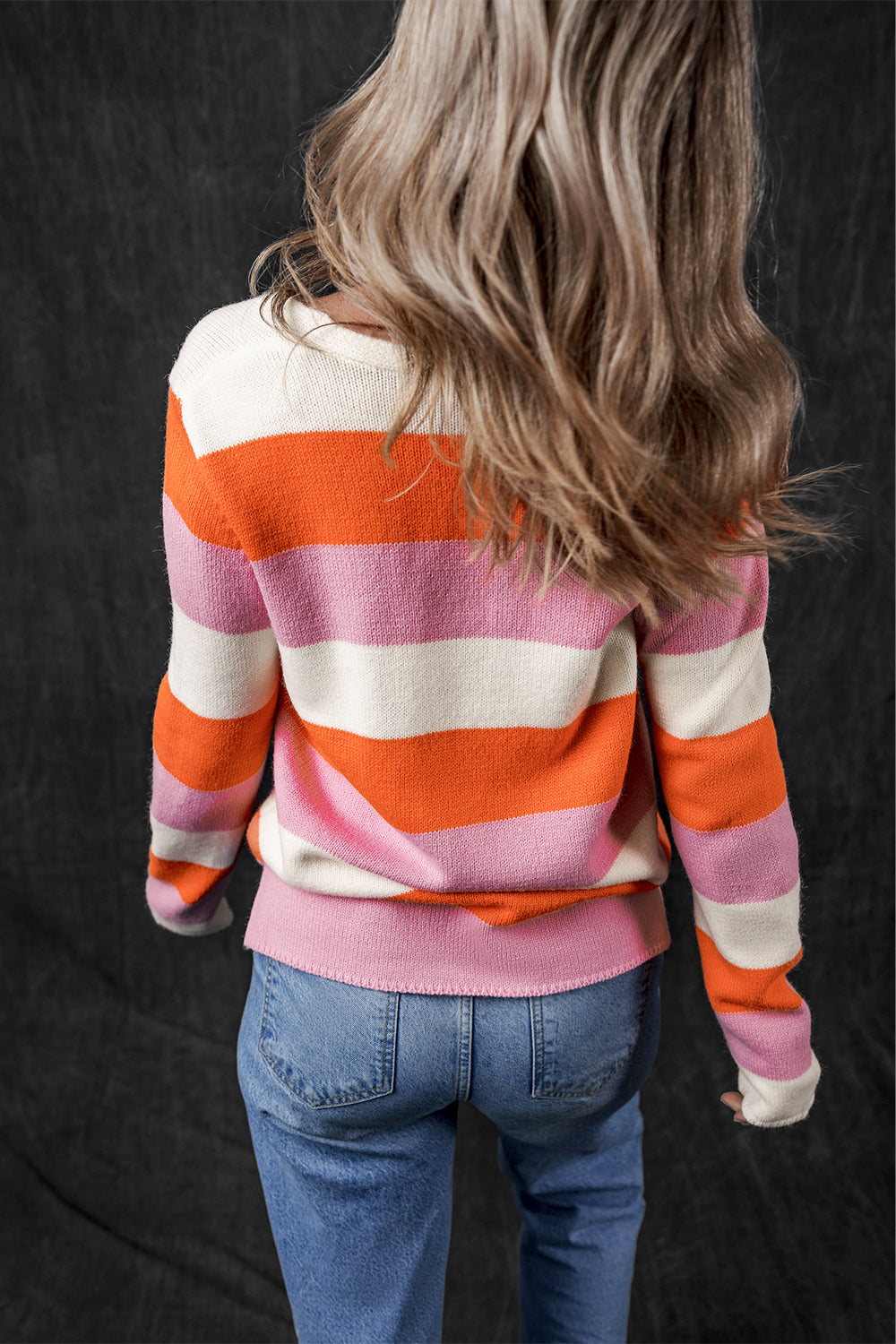 Orange Stripe Colorblock V Neck Casual Sweater Sweaters JT's Designer Fashion