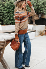 Khaki Aztec Print Colorblock Crew Neck Sweater Sweaters JT's Designer Fashion