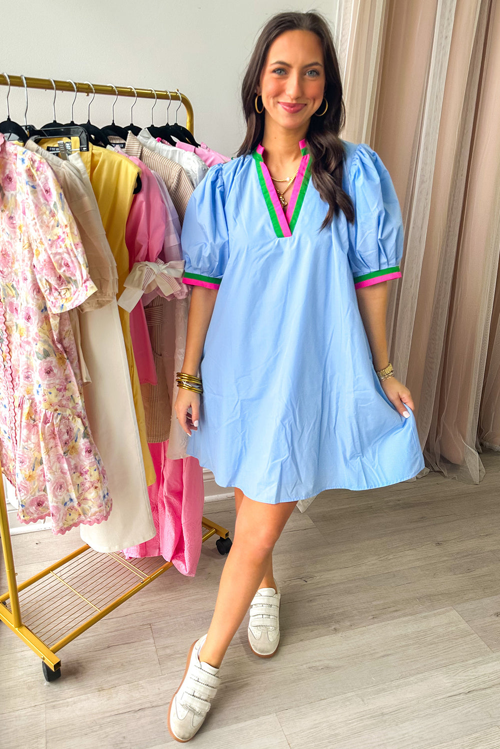Myosotis Contrast Striped Notched V Neck Puff Sleeve Mini Dress Dresses JT's Designer Fashion