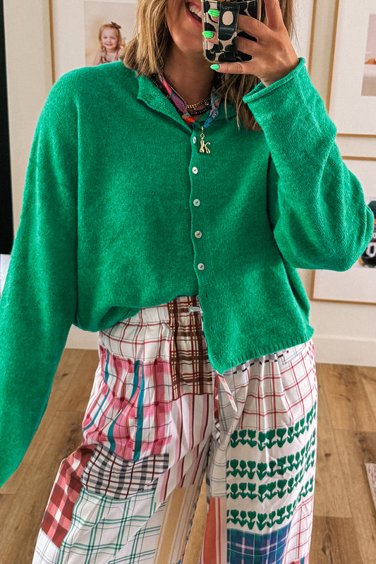 Bright Green Solid Color Knit Button Drop Shoulder Sweater Cardigan Bright Green 65%Acrylic+35%Polyamide Cardigans JT's Designer Fashion