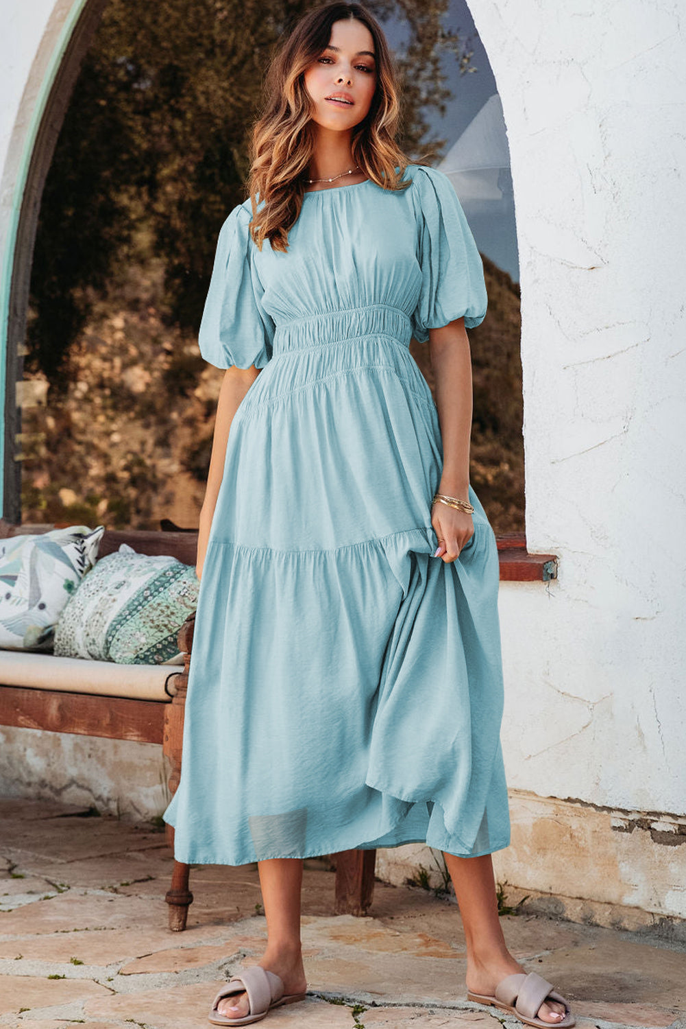 Light Blue Puff Sleeve Pleated High Waist Flowy Long Dress Maxi Dresses JT's Designer Fashion