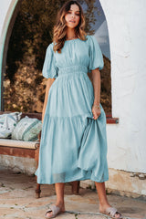 Light Blue Puff Sleeve Pleated High Waist Flowy Long Dress Maxi Dresses JT's Designer Fashion