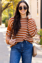 Brown Stripe Drop Shoulder Casual Sweater Sweaters JT's Designer Fashion