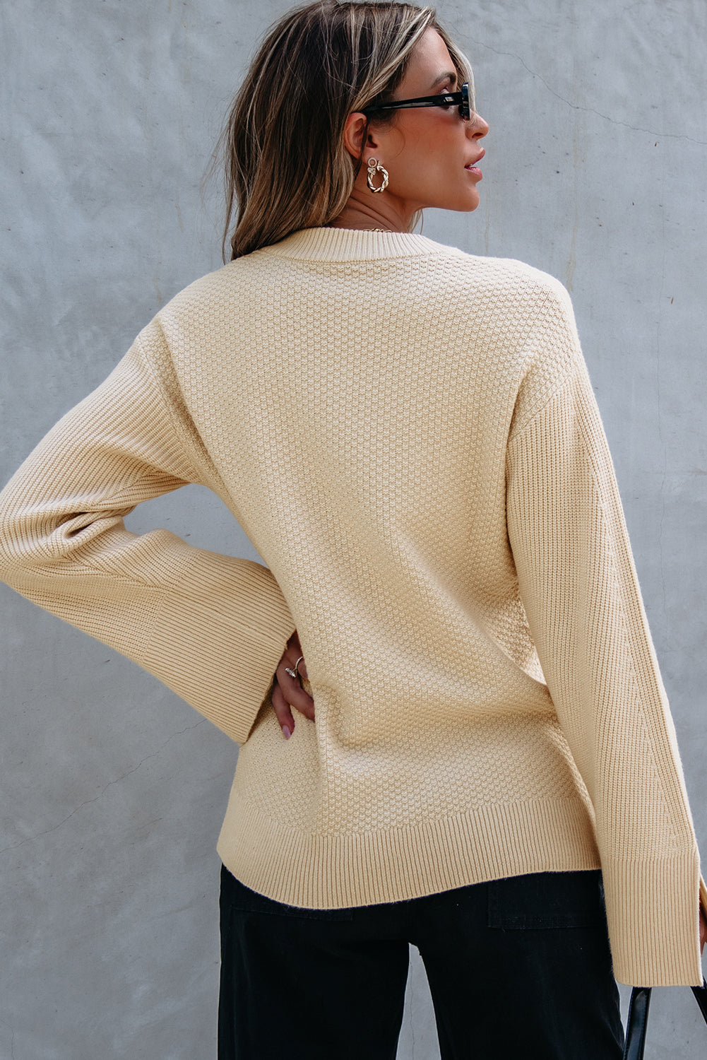 Parchment Solid Textured Knit Split Cuff Drop Shoulder Loose Sweater Sweaters JT's Designer Fashion