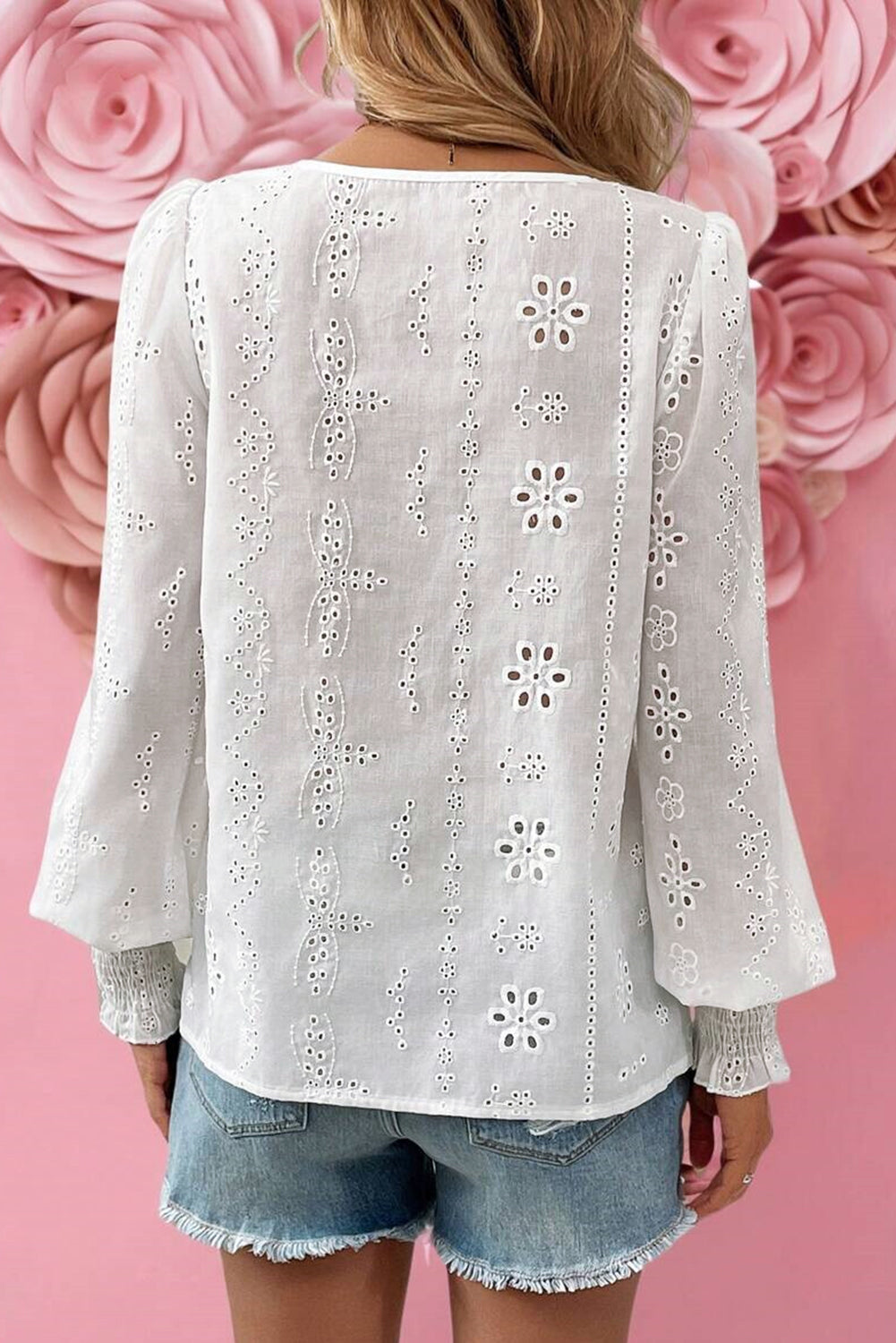 White Eyelet Embroidered Smocked Cuff Sheer Blouse Blouses & Shirts JT's Designer Fashion