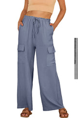 Dark Grey Drawstring Frilled Waist Wide Leg Utility Trousers Pants & Culotte JT's Designer Fashion