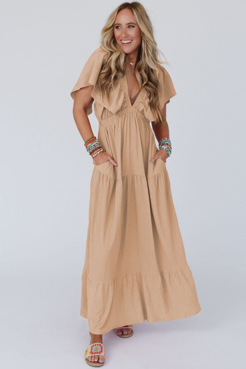 Parchment Textured V Neck Flutter Sleeve Ruffled Long Dress Maxi Dresses JT's Designer Fashion