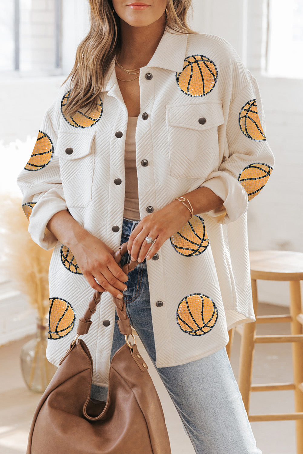 Beige Sequin Basketball Graphic Textured Snap Button Shacket Beige 95%Polyester+5%Elastane Jackets JT's Designer Fashion