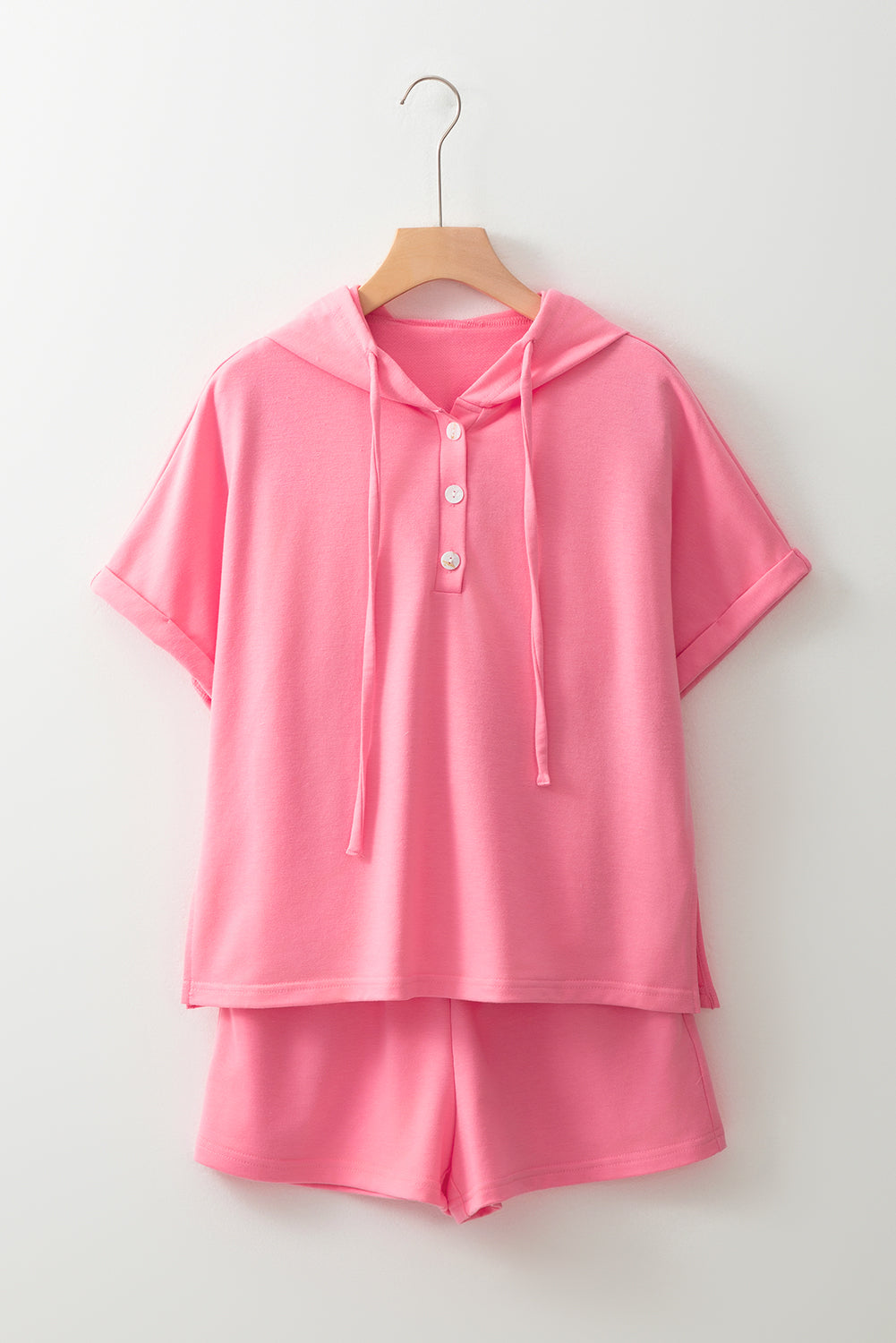 Peach Blossom Hooded Short Sleeve Henley Top and Shorts Set Short Sets JT's Designer Fashion