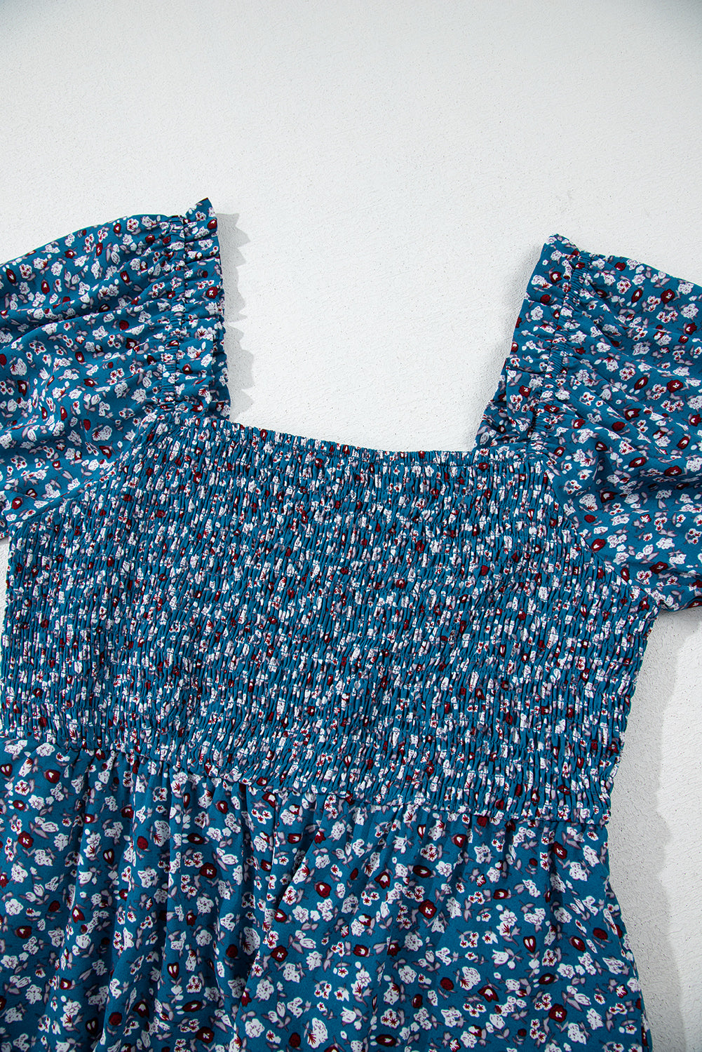 Blue Vintage Boho Floral Smocked Short Puff Sleeve Wide Leg Jumpsuit Jumpsuits & Rompers JT's Designer Fashion