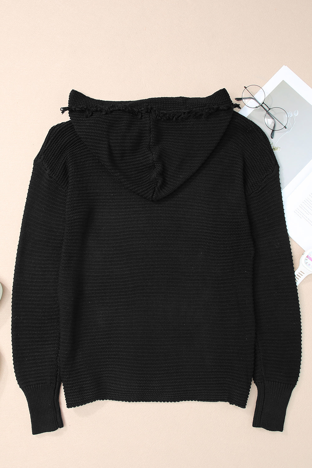 Black V Neck Ribbed Drop Shoulder Hooded Sweater Sweaters & Cardigans JT's Designer Fashion