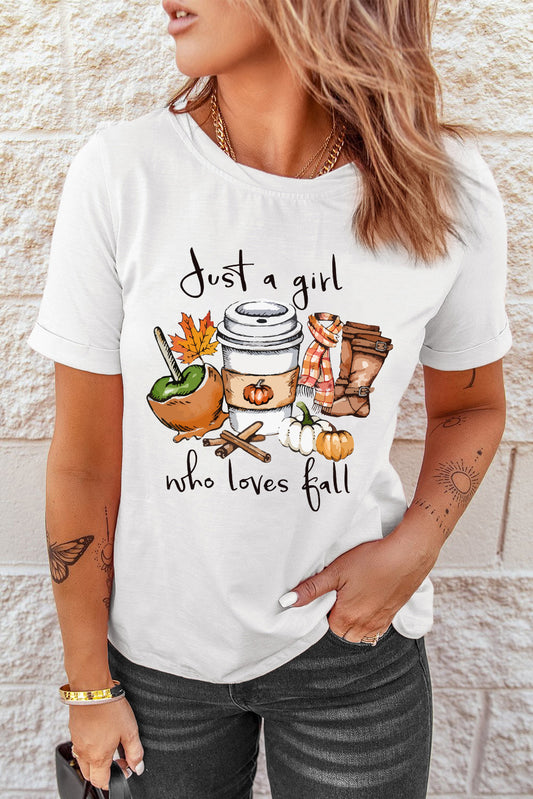 White Just A Girl Who Loves Fall Graphic T Shirt Graphic Tees JT's Designer Fashion
