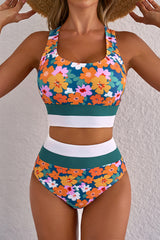 Green Floral Print Racerback Cutout High Waist 2pcs Bikini Green 85%Polyester+15%Elastane Bikinis JT's Designer Fashion