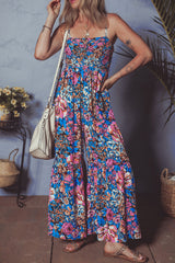 Pink Floral Smocked Bust Spaghetti Straps Wide Leg Jumpsuit Jumpsuits & Rompers JT's Designer Fashion