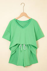 Mint Green V Neck Drop Shoulder Tee and Patchwork Drawstring Elastic Waistband Shorts Set Short Sets JT's Designer Fashion