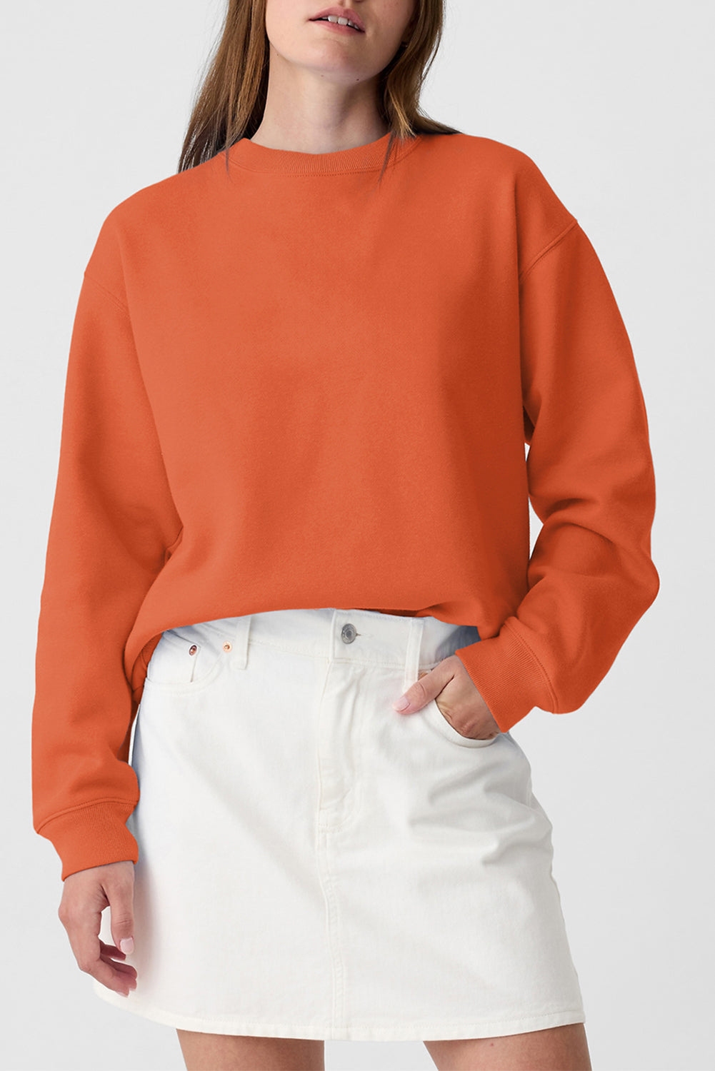Orange Plain Drop Shoulder Crewneck Pullover Sweatshirt Sweatshirts & Hoodies JT's Designer Fashion