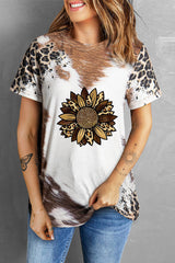 Chestnut Leopard Bleached Sunflower Graphic Crewneck T Shirt Graphic Tees JT's Designer Fashion