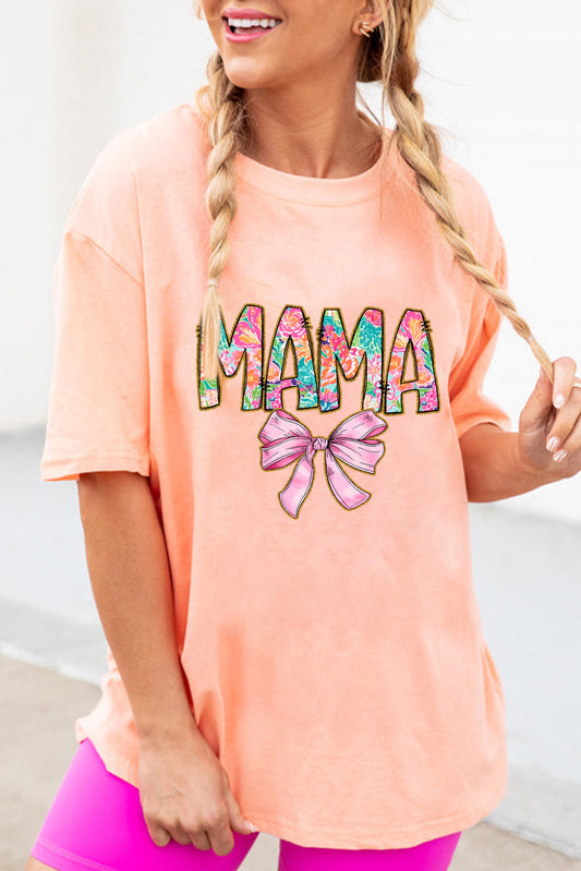 Pink Floral MAMA Bowknot Print Crewneck T Shirt Graphic Tees JT's Designer Fashion