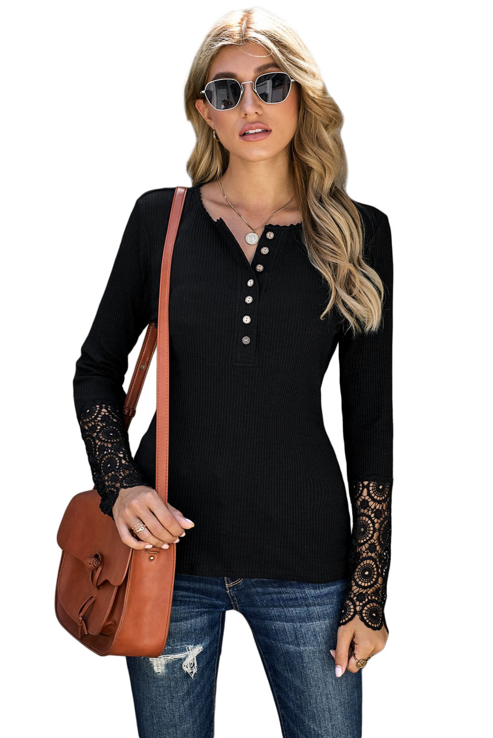 Black Crochet Lace Hem Sleeve Button Top Long Sleeve Tops JT's Designer Fashion