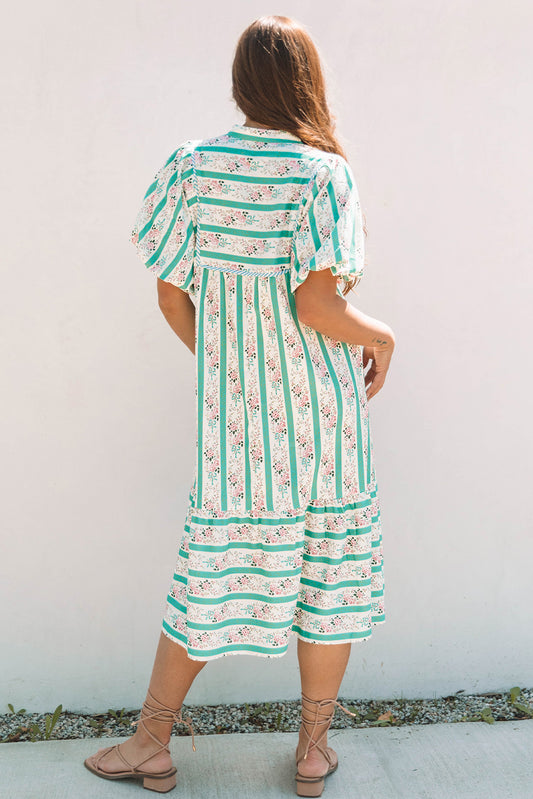 Multicolour Striped Floral Print Tie Split Neck Puff Sleeve Midi Dress Floral Dresses JT's Designer Fashion