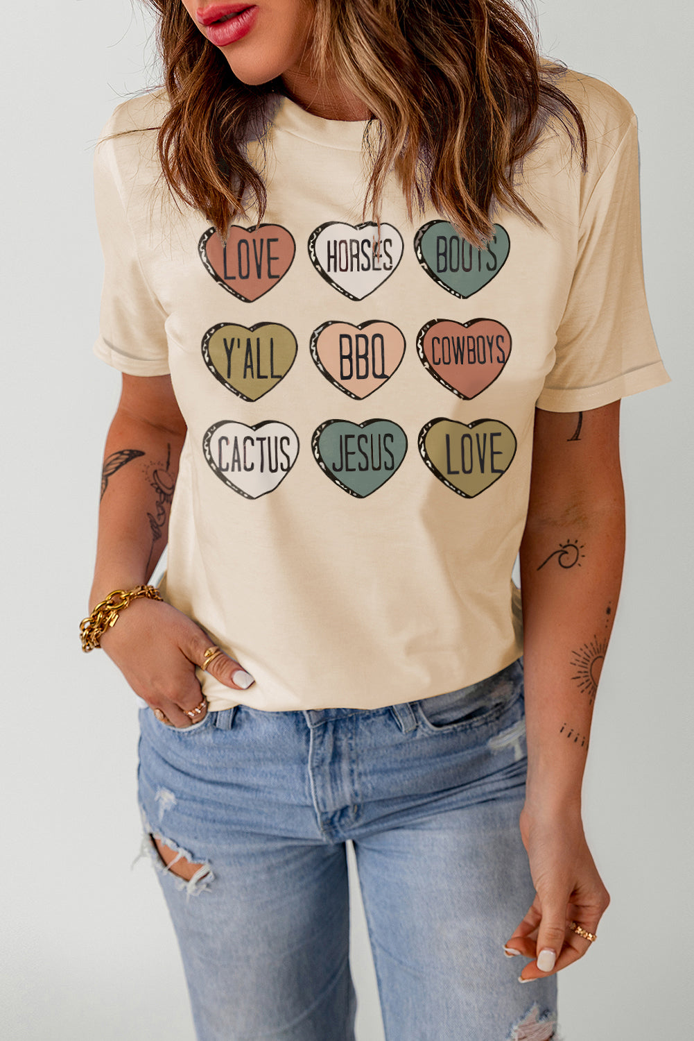 Khaki Heart Shaped Graphic Cowgirl T Shirt Graphic Tees JT's Designer Fashion