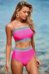Rose Red Contrast Banding Tube Bikini High Waist 2pcs Swimsuit High Waisted Swimsuit JT's Designer Fashion