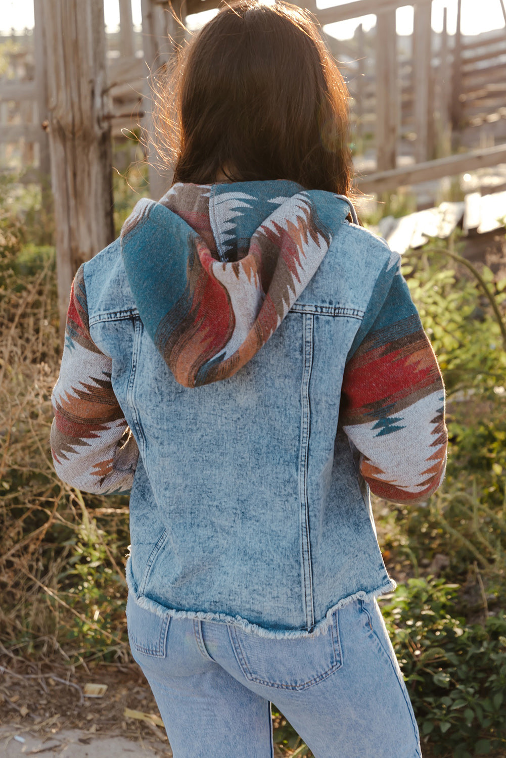 Multicolor Aztec Print Frayed Hem Denim Jacket Denim Jackets JT's Designer Fashion