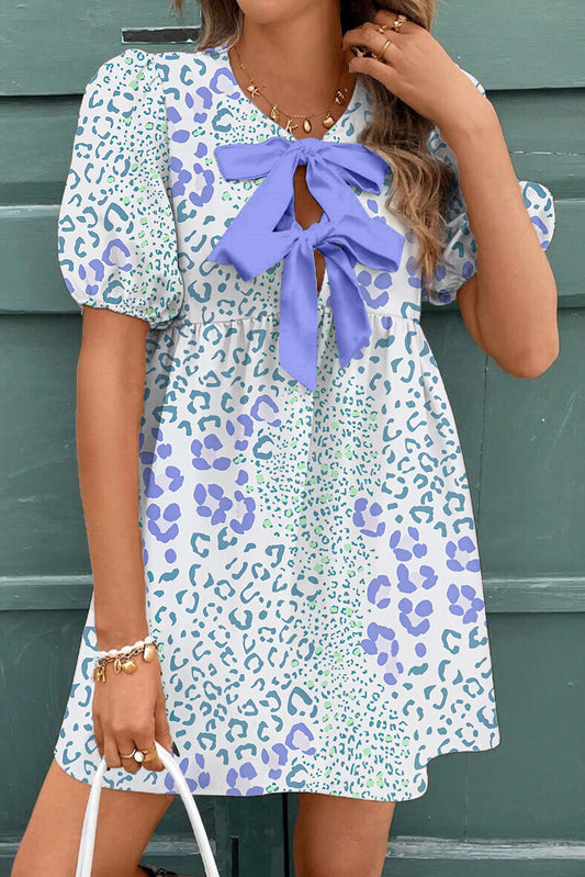 Sky Blue Leopard Contrast Bow Puff Sleeve Mini Dress Sky Blue 100%Polyester Mini Dresses JT's Designer Fashion