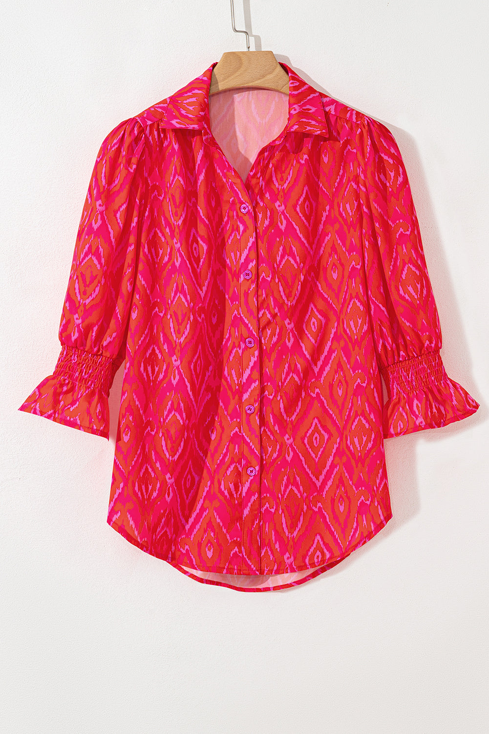 Strawberry Pink Western Aztec Geometric Ruffled 3/4 Sleeve Shirt Blouses & Shirts JT's Designer Fashion