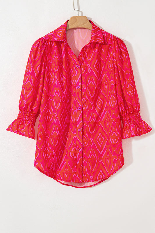 Strawberry Pink Western Aztec Geometric Ruffled 3/4 Sleeve Shirt Blouses & Shirts JT's Designer Fashion
