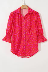 Strawberry Pink Western Aztec Geometric Ruffled 3/4 Sleeve Shirt Blouses & Shirts JT's Designer Fashion