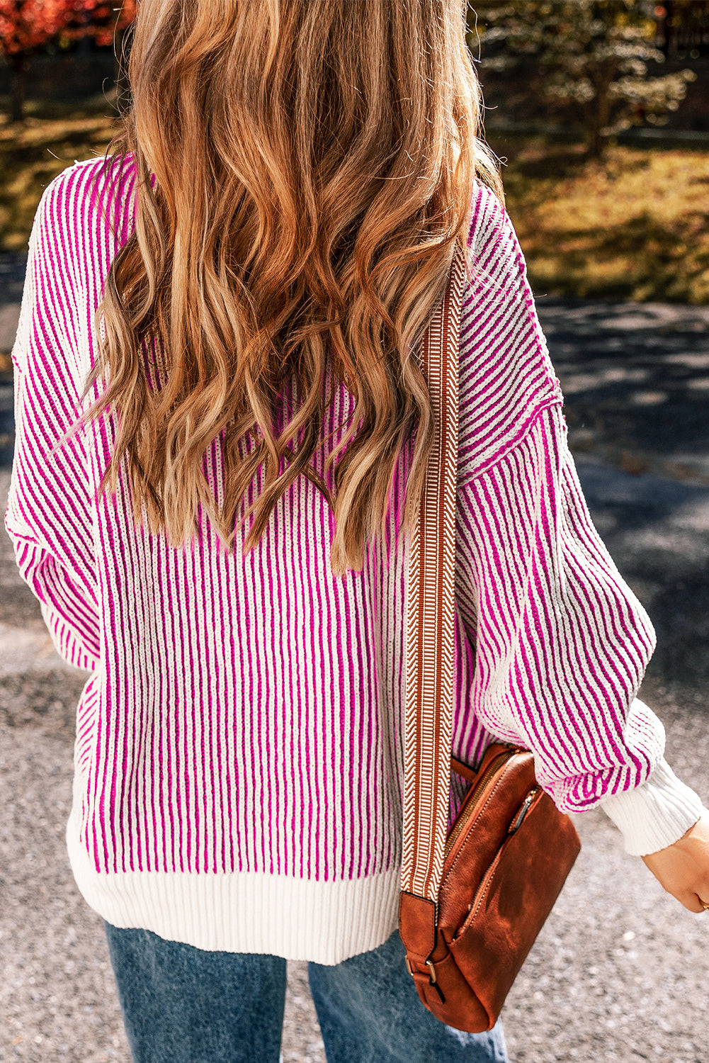 Bright Pink Striped Textured Knit Contrast Edge Loose Sweater Sweaters JT's Designer Fashion