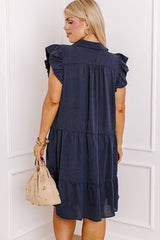 Navy Blue Collared V Neck Flutter Sleeve Tiered Plus Size Dress Plus Size Mini Dresses JT's Designer Fashion