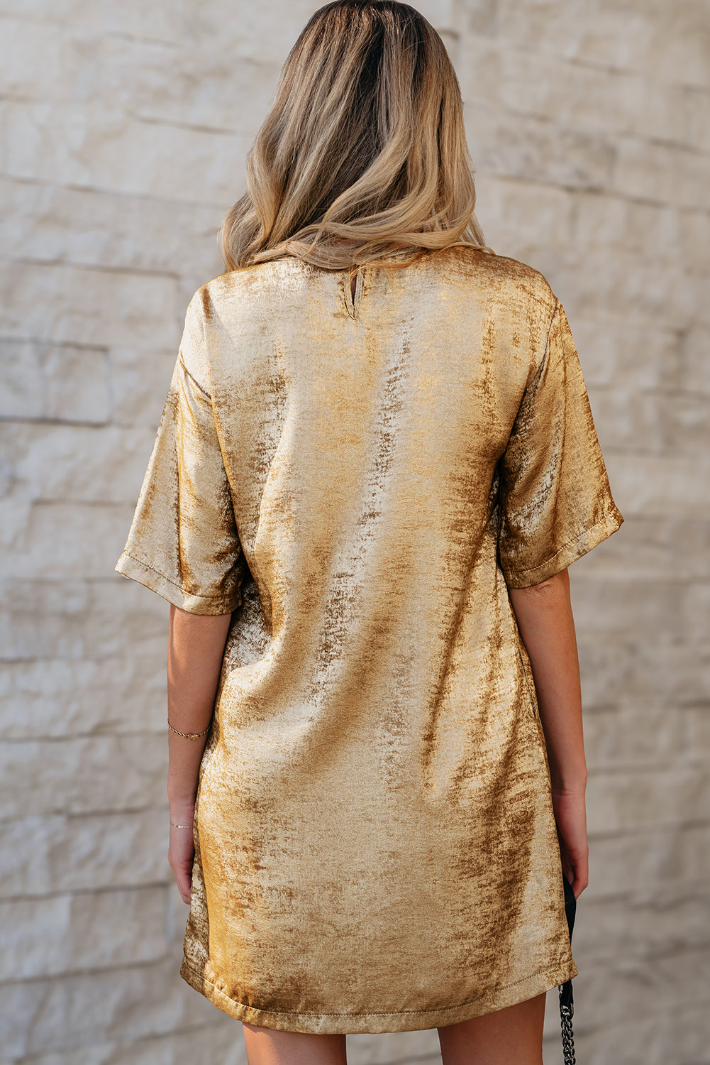 Gold Metallic Luster Crewneck Mini T-Shirt Dress T Shirt Dresses JT's Designer Fashion