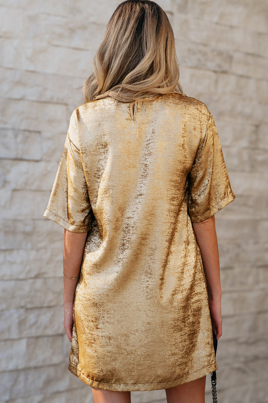 Gold Metallic Luster Crewneck Mini T-Shirt Dress T Shirt Dresses JT's Designer Fashion