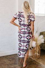Beige Western Aztec Printed Long T-shirt Dress T Shirt Dresses JT's Designer Fashion