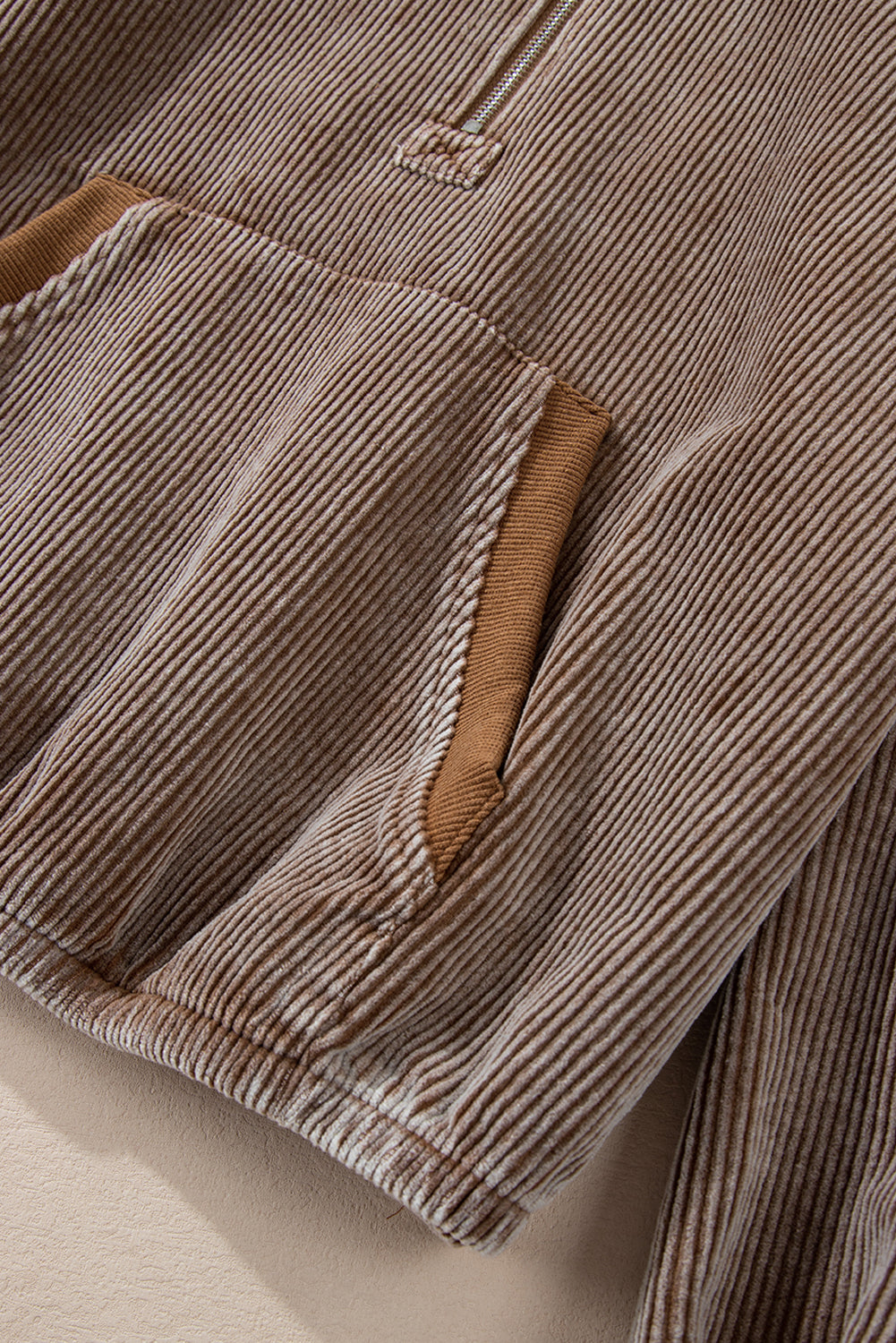 Chestnut Half Zipper Kangaroo Pocket Drawstring Corduroy Hoodie Sweatshirts & Hoodies JT's Designer Fashion