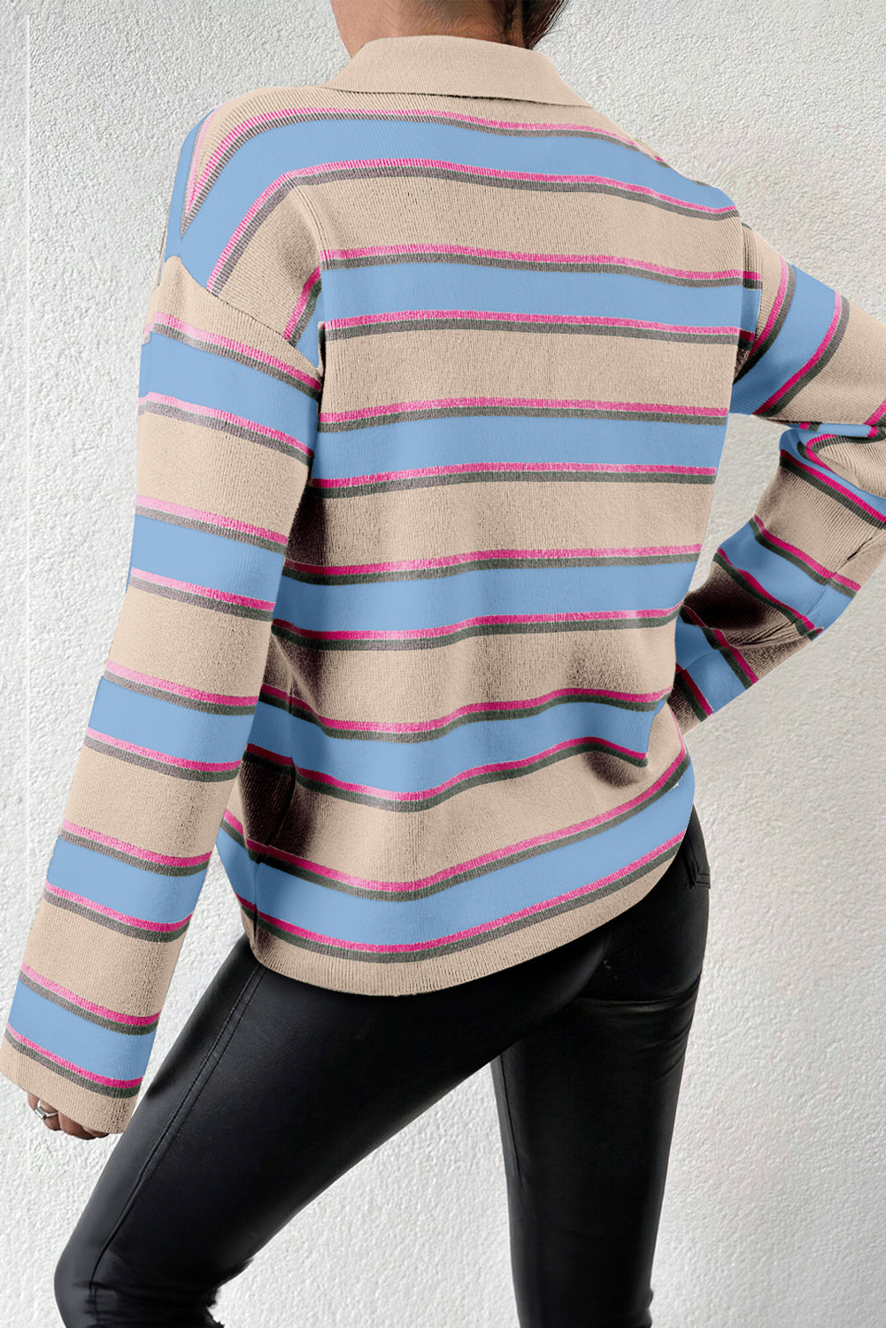 Apricot Stripe Collared V Neck Drop Shoulder Loose Sweater Sweaters JT's Designer Fashion