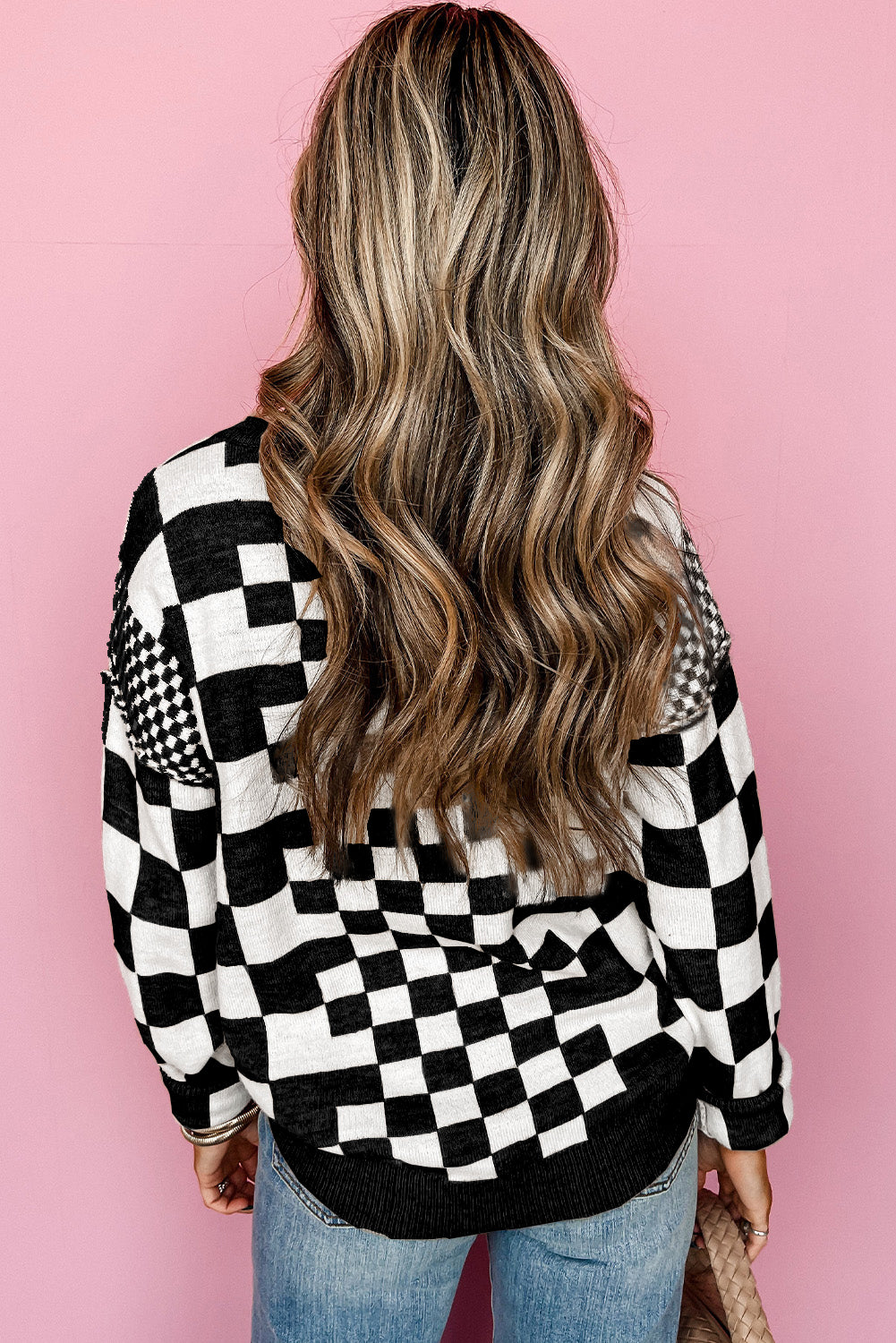 Black Checkered Print Drop Shoulder Round Neck Sweater Sweaters JT's Designer Fashion