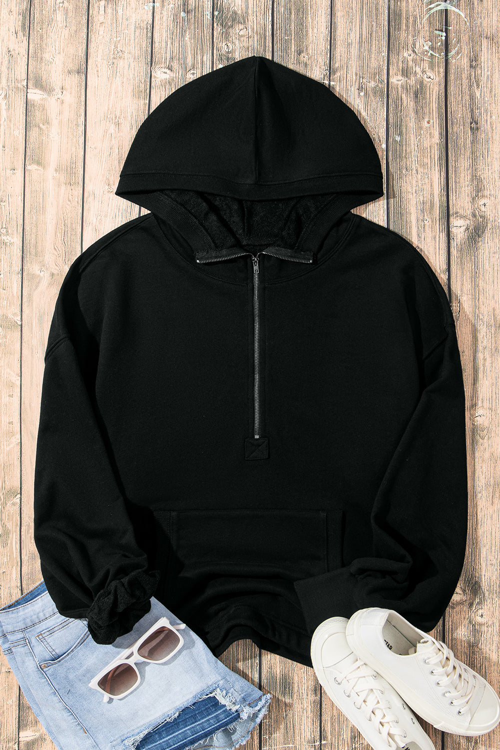 Black Solid Kangaroo Pocket Half Zipper Oversized Hoodie Sweatshirts & Hoodies JT's Designer Fashion