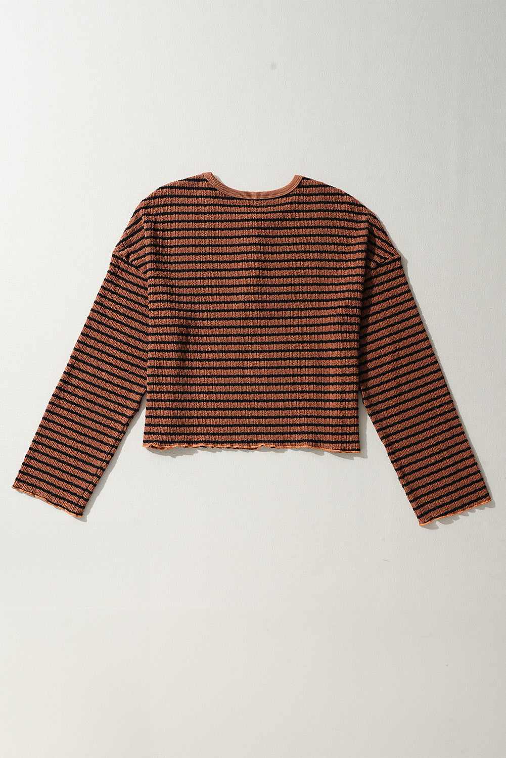 Brown Stripe Textured Frilly Trim Buttons Henley Long Sleeve Top Long Sleeve Tops JT's Designer Fashion
