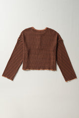 Brown Stripe Textured Frilly Trim Buttons Henley Long Sleeve Top Long Sleeve Tops JT's Designer Fashion
