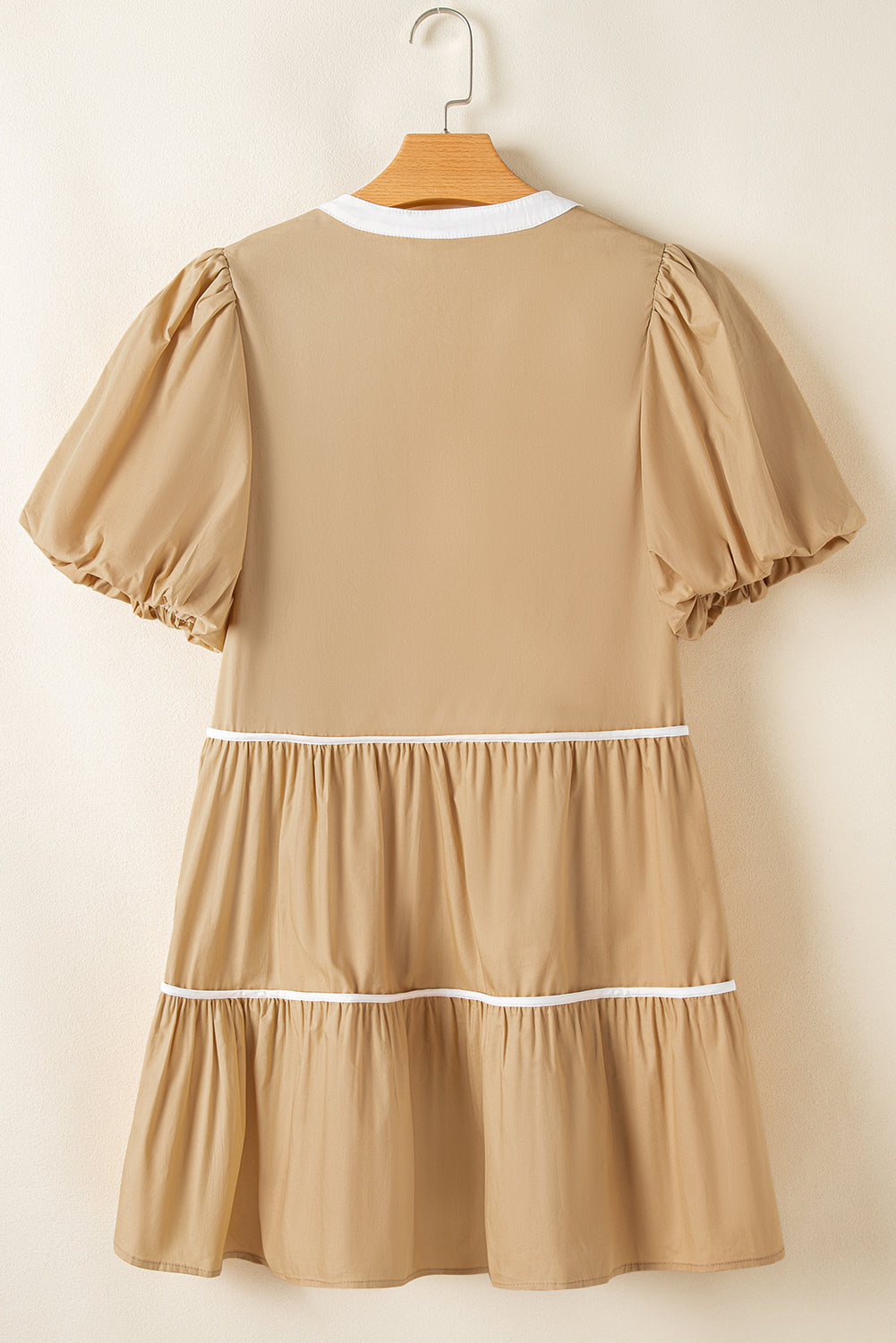 Pale Khaki Contrast Trim Pintuck Puff Sleeve Tied Neck Short Dress Mini Dresses JT's Designer Fashion