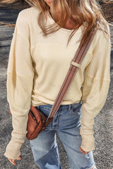 Beige Thermal Knit Patchwork Exposed Seam Long Sleeve Top Long Sleeve Tops JT's Designer Fashion