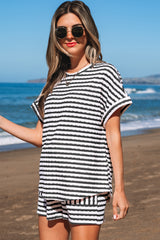 Black Stripe Knitted Short Sleeve Top and Drawstring Shorts Set Short Sets JT's Designer Fashion