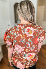 Brown Floral Stitched V Neck Frilled Trim Puff Short Sleeve Blouse Plus Size Blouses & Shirts JT's Designer Fashion