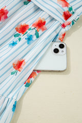 Sky Blue Stripe Floral Pattern Ruffle Short Sleeve Belted Mini Dress Dresses JT's Designer Fashion