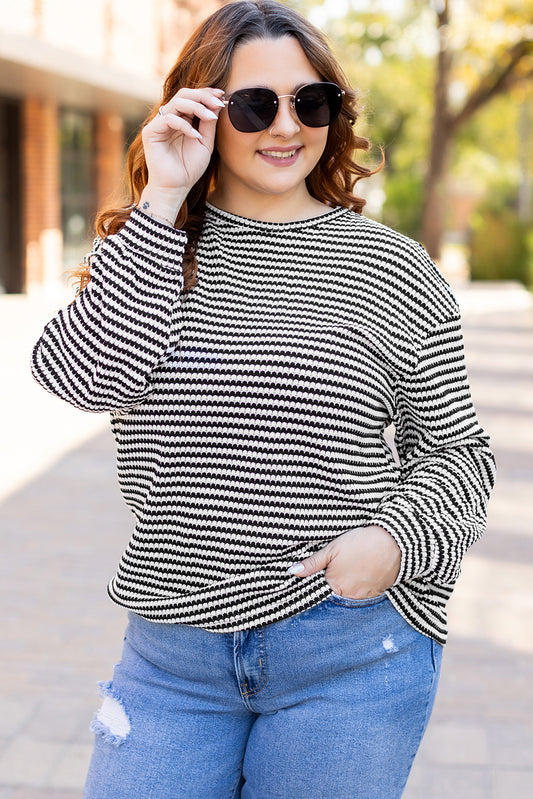 Black Stripe Drop Shoulder Puff Long Sleeve O Neck Plus Size T Shirt Plus Size Long Sleeve Tops JT's Designer Fashion