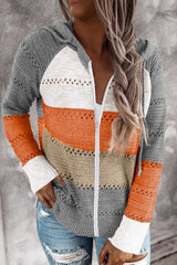 Gray Zipped Front Colorblock Hollow-out Knit Hoodie Sweatshirts & Hoodies JT's Designer Fashion