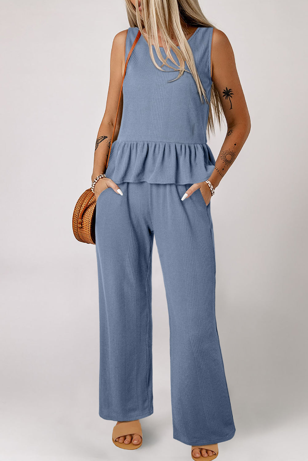 Beau Blue Solid Color Ribbed Ruffle Tank Top and Pants Set Pant Sets JT's Designer Fashion